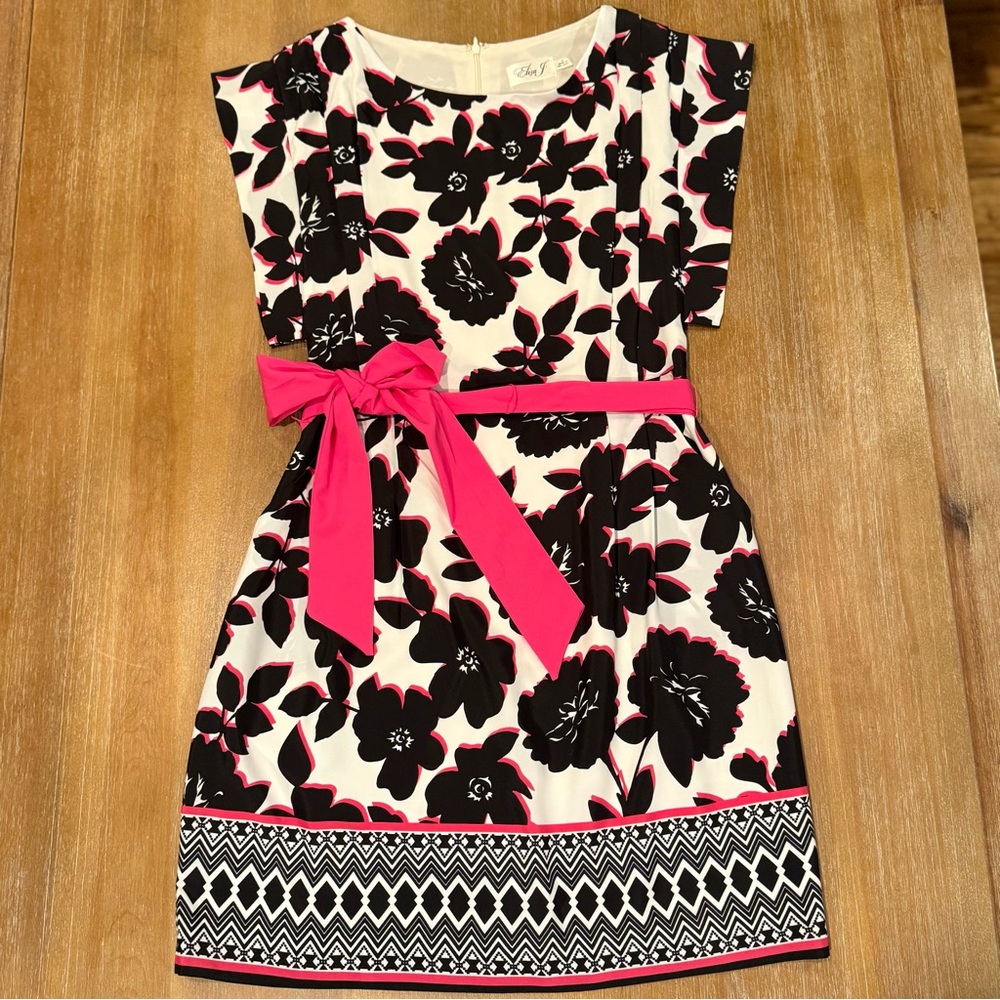 Eliza J Floral Print Sheath Dress Black Wht Pink Lined Tie Belt Above Knee Sz 8